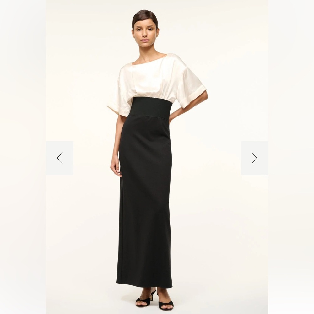 STAUD black and white garnet satin evening gown dress square neck short sleeve